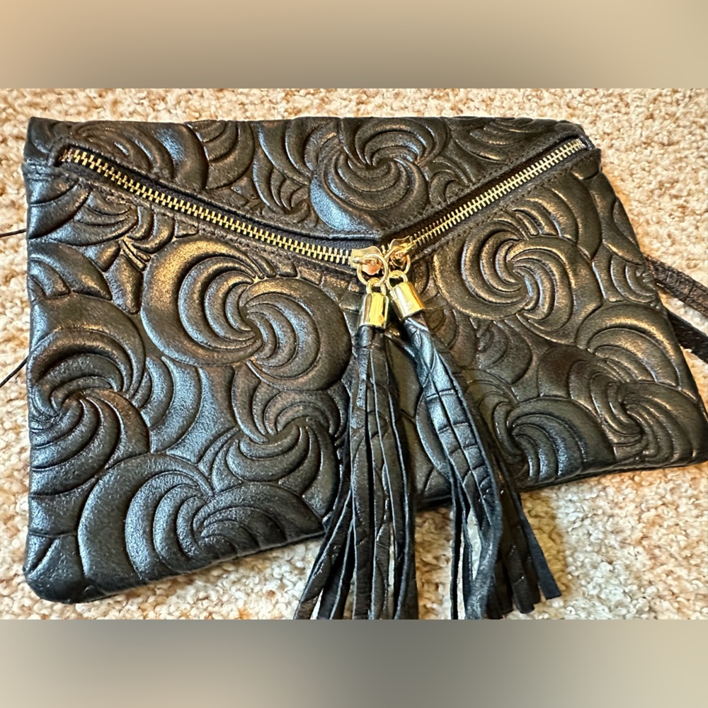Italian leather clutch purse with tassel zipper